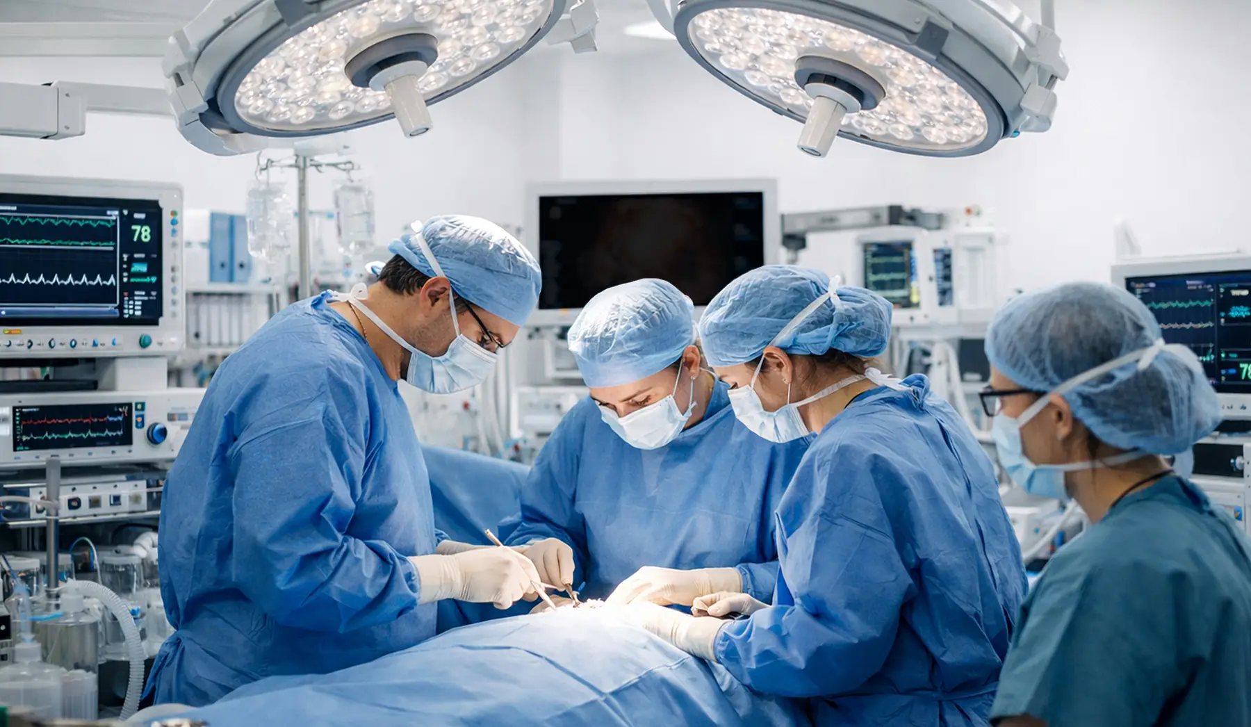 A group of doctors performing surgery in an operating room.